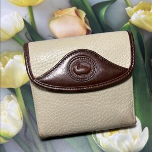 🦆 DOONEY & BOURKE TRIFOLD CREAM BROWN LEATHER KISSLOCK POUCH COIN BAG VINTAGE